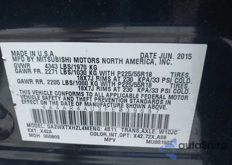 2015 Mitsubishi Outlander Sport Se z USA, uszkodzony, nr VIN 4A4AR4AU3FE039687